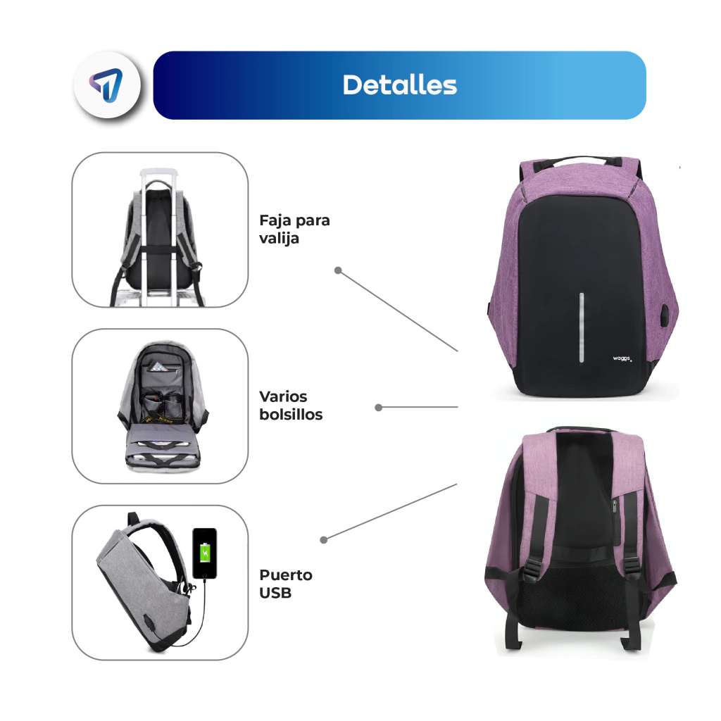 MOCHILA ANTIRROBO WAGGS GRIS Y NEGRA - 463 - Imagen 3